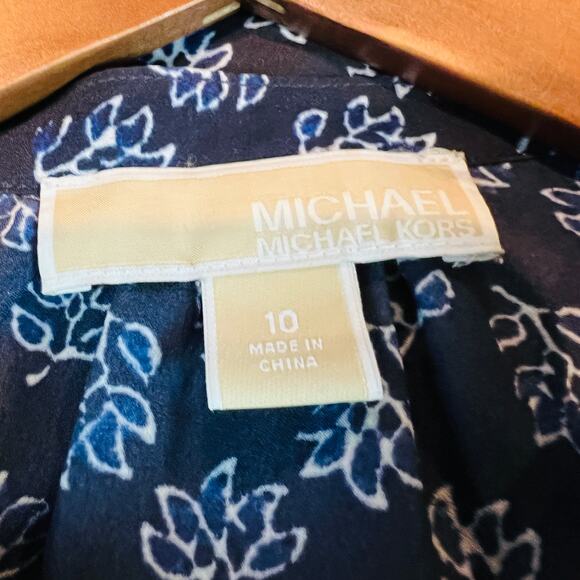 Michael Kors Half Zip Blouse Tunic Leaf Print Exposed Zipper Navy - 10 - Picture 4 of 4